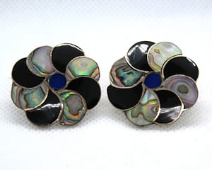 Taxco Signed 925 Sterling Silver Jet & Abalone Shell Pinwheel Earrings at whisperingcityrva.com