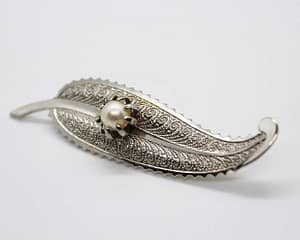 Textured Silver Tone Faux Pearl Leaf Brooch at whisperingcityrva.com