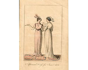 Antique Afternoon Dress for June, 1801 - Lady’s Monthly Museum - Regency Fashion Hand Colored Copper Plate Engraving at whisperingcityrva.com