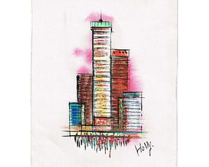 Artist Signed Mid Century Modern Cityscape Oil on Cut Canvas Painting at whisperingcityrva.com