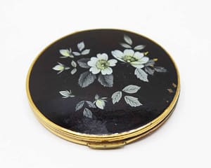 Vintage 1960s Stratton Rondette Black Enamel Floral Compact with Star Design Base - Made in England at whisperingcityrva.com