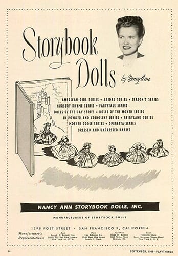 Nancy Ann Storybook Dolls print ad, Playthings, 1949 from an article on the Whispering City RVA blog. whisperingcityrva.com/about/blog