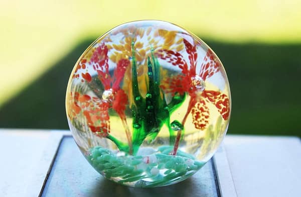 Vintage Round Floral Blown Art Glass Paperweight with Red and Yellow Flowers at whisperingcityrva.com