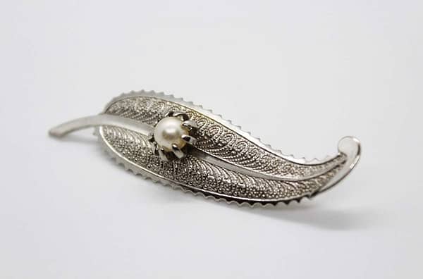 Textured Silver Tone Faux Pearl Leaf Brooch at whisperingcityrva.com