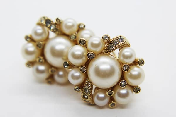 Vintage Faux Pearl & Rhinestone Cluster Clip On Earrings at Whispering City RVA