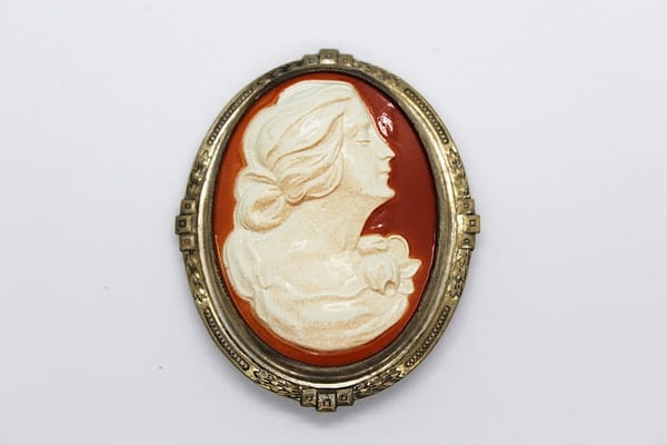 Antique Celluloid Cameo Brooch in Raised Design Frame at whisperingcityrva.com