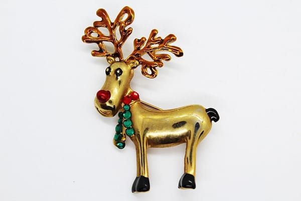 Gold Tone Enamel & Rhinestone Rudolph the Reindeer Christmas Brooch at whisperingcityrva.com