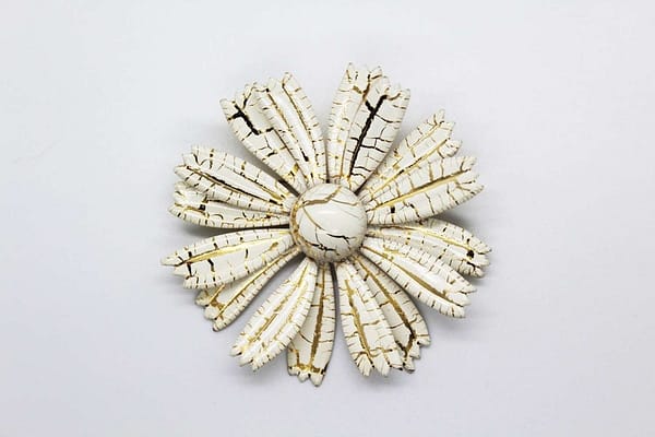 White with Gold Crackle MCM Daisy Flower Brooch at whisperingcityrva.com