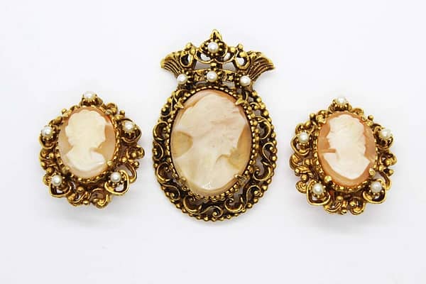 Florenza Signed Shell Cameo Jewelry Set - Brooch & Earrings at whisperingcityrva.com