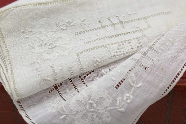 1940s Delicate Linen Ivory White Embroidered Ladies Handkerchief with Sticker Tag at whisperingcityrva.com
