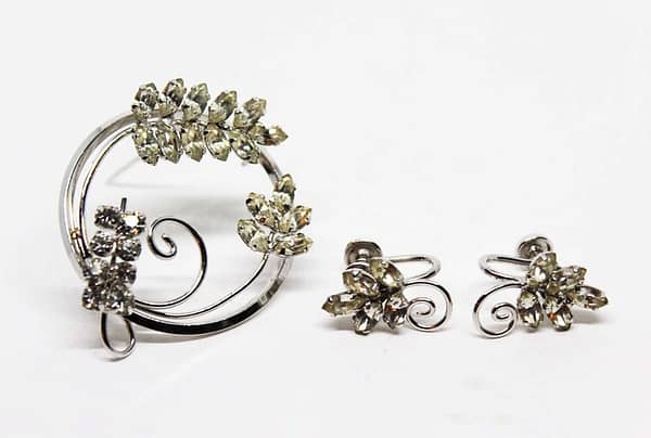 D'or Signed Sterling Silver & Rhinestone Mid Century Jewelry Set - Earrings and Brooch at whisperingcityrva.com