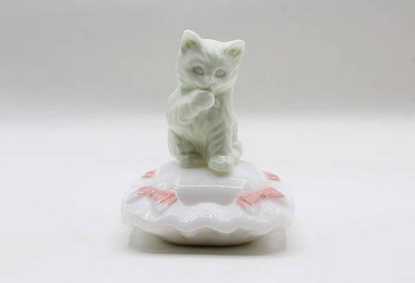 Avon "Sitting Pretty" White Milk Glass Vintage Perfume Bottle with Kitty Cat on a Pillow at whisperingcityrva.com