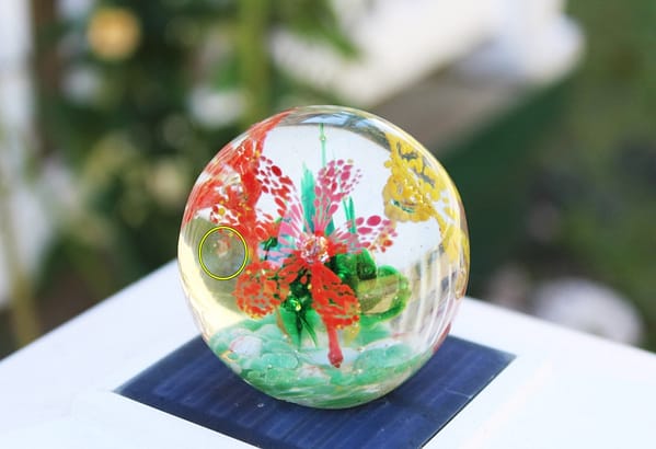 Vintage Round Floral Blown Art Glass Paperweight with Red and Yellow Flowers at whisperingcityrva.com