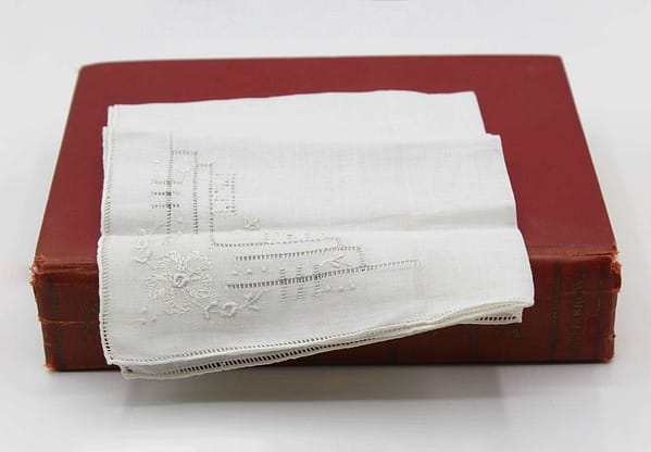1940s Delicate Linen Ivory White Embroidered Ladies Handkerchief with Sticker Tag at whisperingcityrva.com