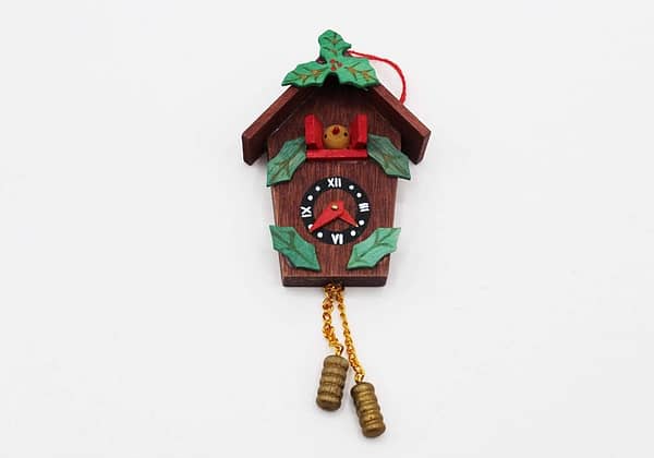 Vintage Wooden Cuckoo Clock Christmas Ornament with Holly Leaves and Yellow Bird at whisperingcityrva.com