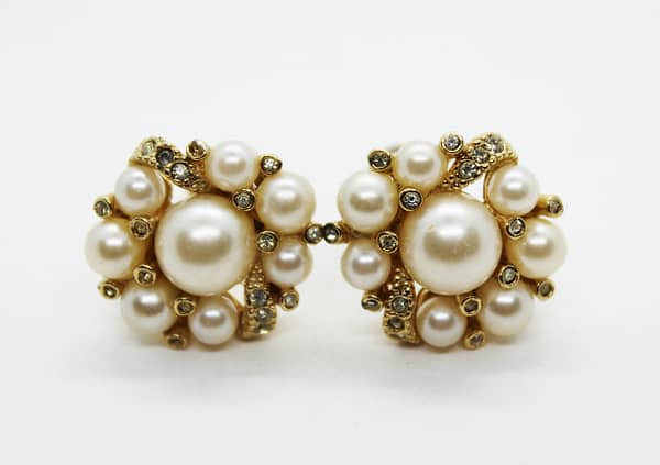 Vintage Faux Pearl & Rhinestone Cluster Clip On Earrings at Whispering City RVA