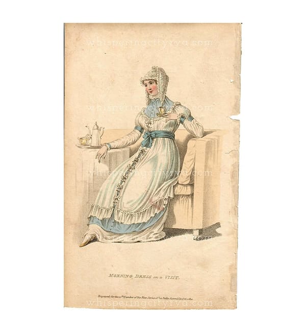 Antique Morning Dress on a Visit - La Belle Assemblée No. 10, October 1810 - Regency French Fashion Plate Hand Colored Copper Plate Engraving at whisperingcityrva.com