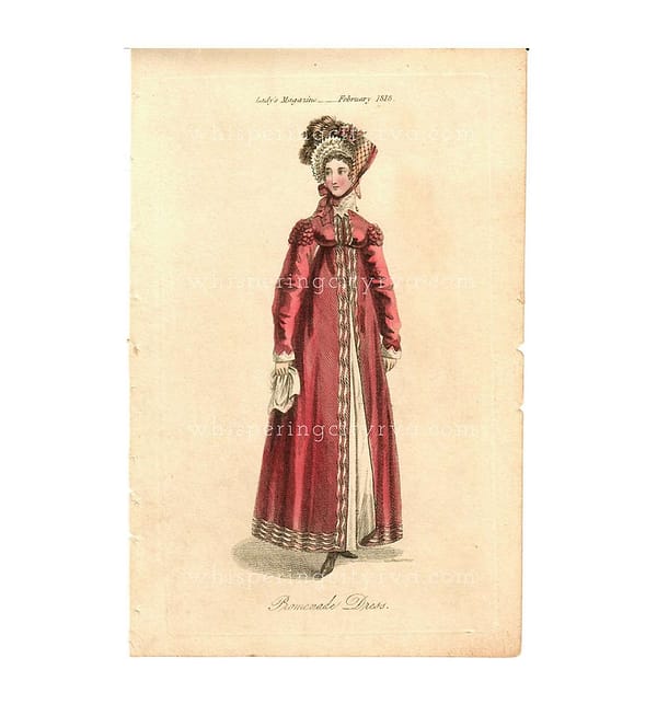 Antique Promenade Dress - Lady's Magazine February 1813 - Regency Fashion Plate Hand Colored Copper Plate Engraving at whisperingcityrva.com