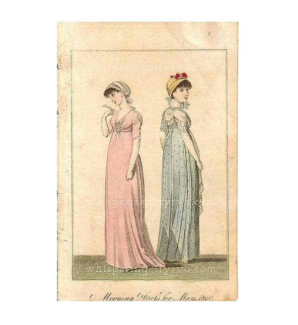 1800 Antique Morning Dress for May - Lady’s Monthly Museum - Regency Fashion Hand Colored Engraving at whisperingcityrva.com