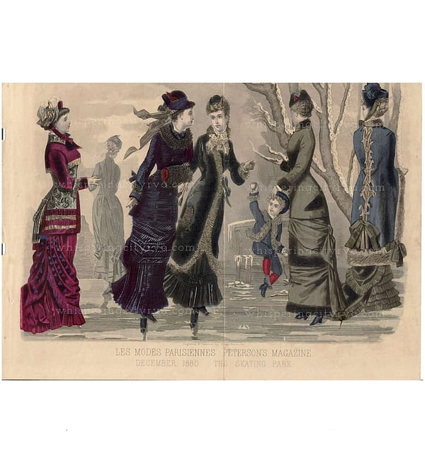 Antique Peterson's Magazine Les Modes Parisiennes December, 1880 "The Skating Park" French Fashion Hand Colored Engraving at whisperingcityrva.com