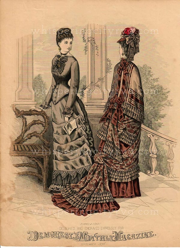 Antique Demorest's Monthly Magazine September 1876  - Victorian French Fashion Plate Hand Colored Engraving at whisperingcityrva.com