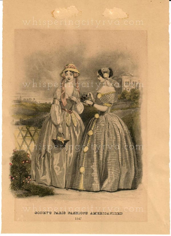 1847 Antique Godey's Paris Fashions Americanized - French Fashion Plate Hand Colored Copperplate Engraving at whisperingcityrva.com