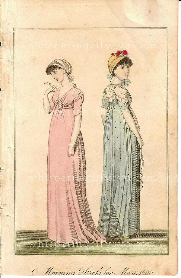 1800 Antique Morning Dress for May - Lady’s Monthly Museum - Regency Fashion Hand Colored Engraving at whisperingcityrva.com