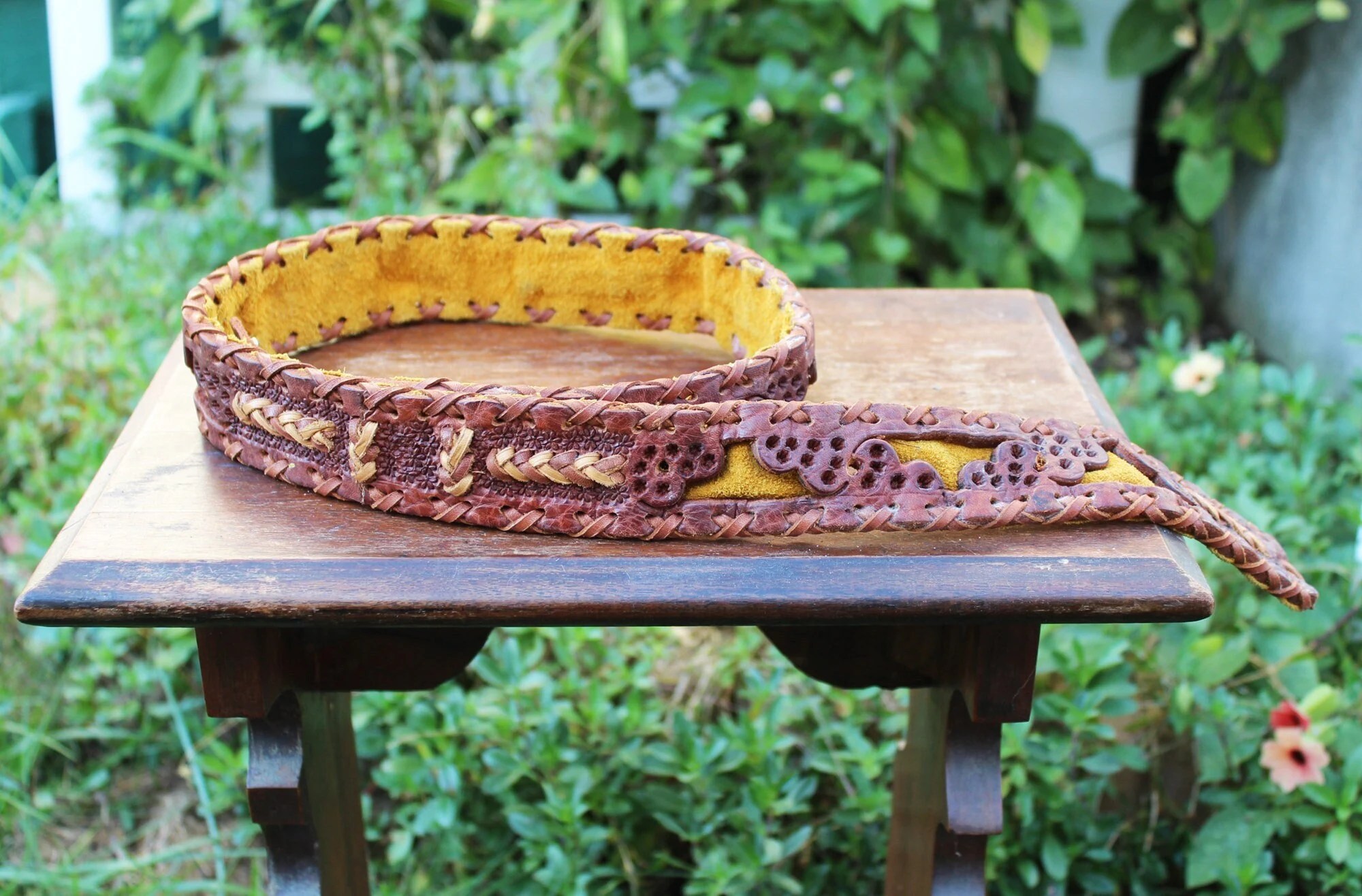 1970s Handmade Southwestern Tooled and Woven Brown Leather Suede Lined Belt - Mexico - Vintage, Retro, Boho, Indie, Hippie, Country, Western