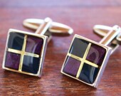 Checker Geometric 2-Tone Enamel Deep Blue & Purple Sparkles Cufflinks  - Vintage, Mid Century, MCM, Classic, Retro, Gift for Him, Cuff Links