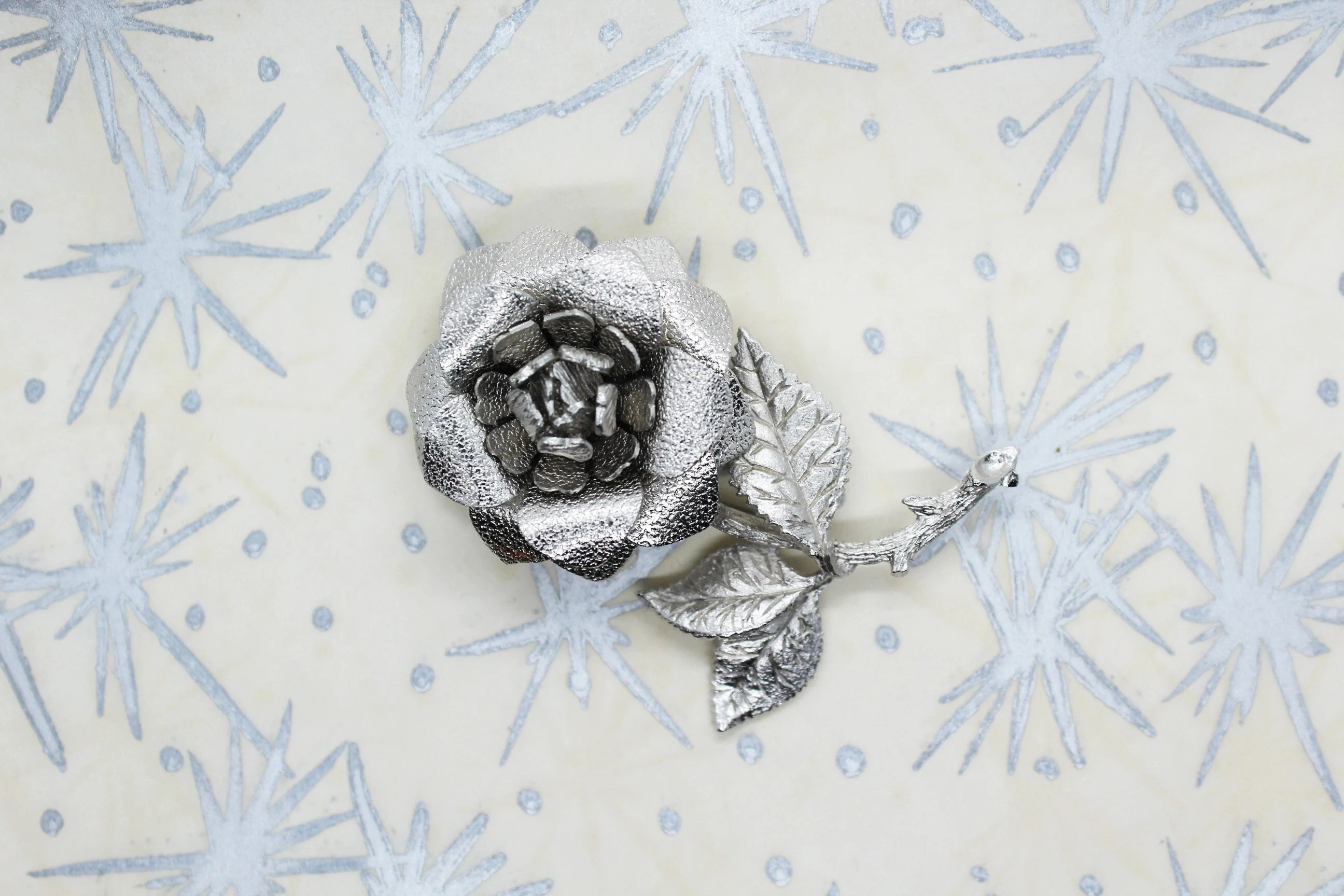 MCM Silver Tone Textured Rose Flower Brooch - Vintage, Mid Century, Retro, Statement, Large, Chunky, Bold, Feminine, Old Hollywood, Grandma