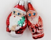 2 Hand Painted Blown Mercury Glass Santa Christmas Tree Ornaments with Mica Glitter - Vintage MCM Mid Century Festive Xmas Retro Decor
