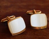 Ivory Pearlized Plastic Gold Tone MCM Square Cufflinks - Vintage, Mid Century, Retro, Classic, Wedding, Gifts for Men, Cuff Links