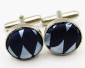 Vintage Handmade Two-Tone Blue Harlequin Fabric Covered Mens Cufflinks - Retro, Scholarly, Classic, Classroom, Museum, Library, Cuff Links