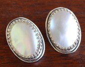Whiting & Davis Signed Mother of Pearl Shell Oval Button Clip-On Earrings - Vintage, Elegant, Classic, Feminine, Wedding, Mid Century, MCM