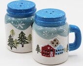 Winter Scene Porcelain Ceramic Mason Jar Style Salt and Pepper Shakers - Vintage, Farmhouse, Cottage, Skiing, Snowman, Holiday, Christmas
