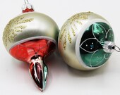 Set of 2 Hand Painted Matte Gold Glass Finial Style Glass Christmas Tree Ornaments - Vintage MCM Mid Century Festive Xmas Retro Decor