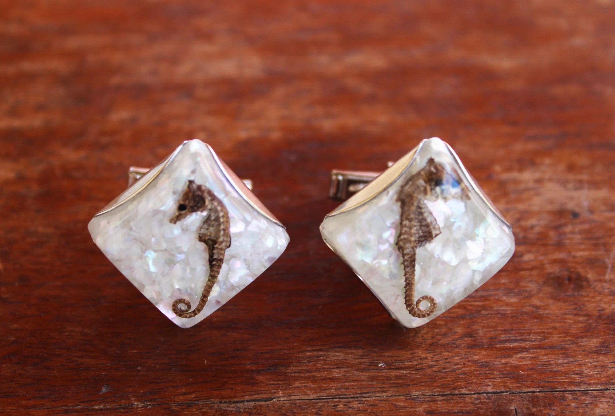 White Iridescent Confetti Lucite Real Seahorse Fossil Cufflinks - Vintage, Mid Century, MCM, Nautical, Retro, Gifts for Him, Cuff Links