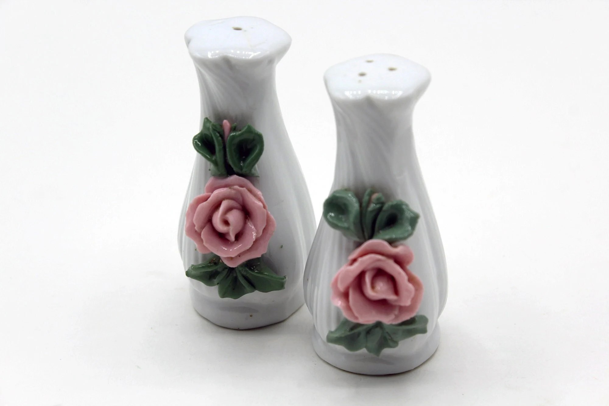 Porcelain Ceramic Applied Flowers Salt and Pepper Shakers - Made in China  - 1980s, Vintage, Dainty, Grandma, Old Fashioned, Traditional