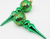 Set of 2 Germany Hand Painted Green & Gold Finial Style Glass Christmas Tree Ornaments - Vintage MCM Mid Century Festive Xmas Retro Decor