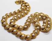 30" Chunky Faux Pearl Gold Tone Textured Heavy Chain Statement Necklace - Vintage, Retro, Bold, 1980s, Avant Garde, Maximalist, Power Glam