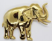 Gold Tone Elephant Brooch - Big, Bold, Chunky, Vintage Costume Jewelry - Retro 1980s, Retro 1990s, Safari Style, Y2K, Animal Lovers