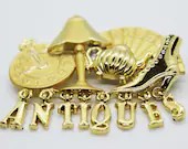 AJC Signed "Antiques" Gold Tone Chunky Collector's Charm Brooch - Vintage, Retro, 1980s, 1990s, Grandma, Indie, Hobby Costume Jewelry