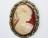 1960s Cameo Brooch "Pony Tail Girl" in Gold Tone Frame - Vintage, Retro, Victorian Revival, Mid Century, Costume Jewelry