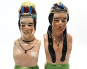 Native American Chief and Squaw Salt and Pepper S&P Spice Shakers - Vintage, Cottage, Retro, Farmhouse, Thanksgiving Decor Collectibles