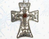925 Sterling Silver Ornate Victorian Mourning Cross with Intricate Scrolling and Amber Cabochon - Vintage, Religious, Antique, Fine Jewelry