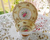 Grosvenor Bone China Pattern GRO32 Gold Trim Floral Tea Cup & Saucer Set - Vintage, Farmhouse, Country, Cottage, Porcelain, Peonies, England