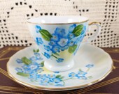 Lefton Forget Me Not Hand Painted Floral Porcelain Ceramic Demitasse Tea Cup & Saucer Set w/ Gold Trim SL 4178 - Country, Cottage, Farmhouse