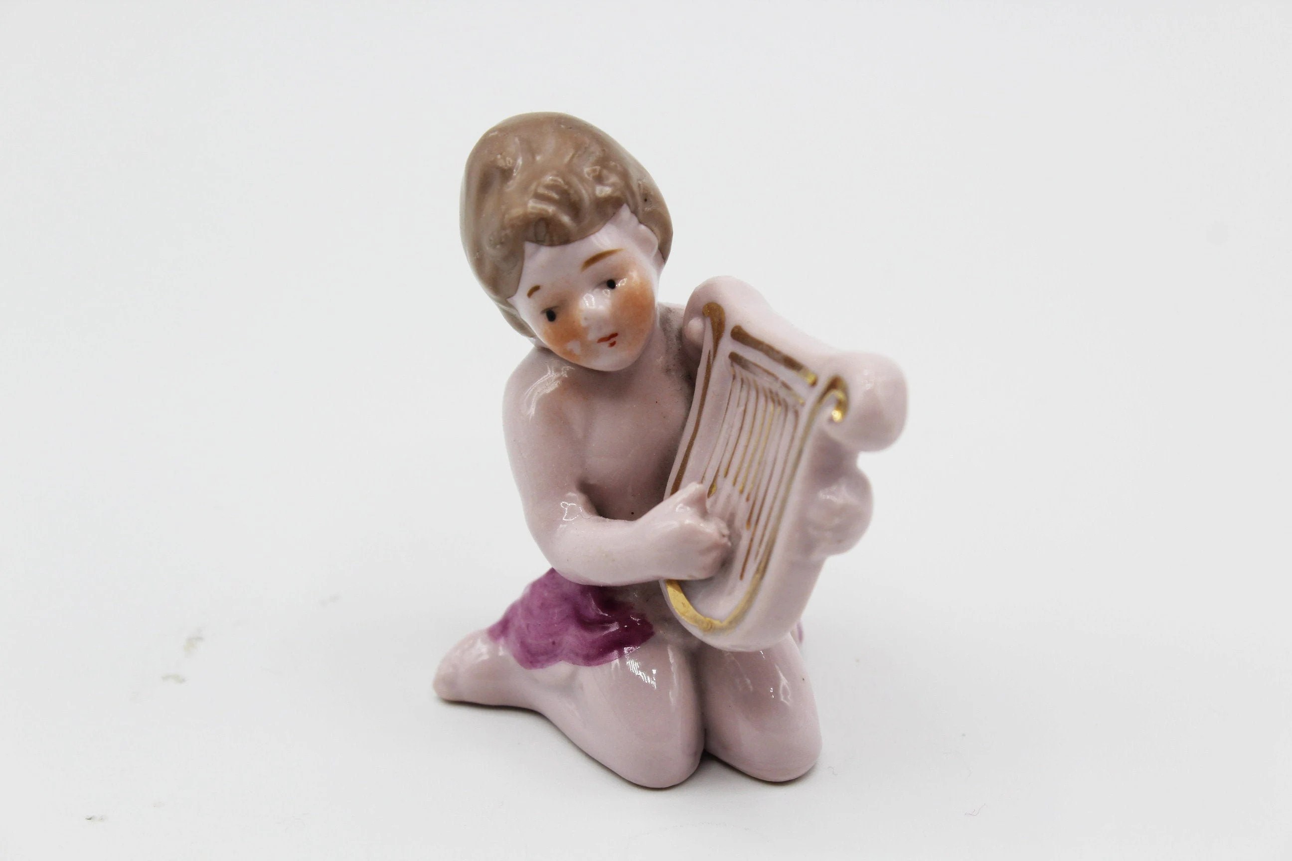 Porcelain Figurine - Boy with Lyre Harp - Vintage Miniature from Japan at Whispering City RVA