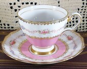 Jackson and Gosling Grosvenor England 1912+ Globe Stamp Pink and White Floral Fine Bone China Tea Cup & Saucer - Farmhouse, Country, Cottage