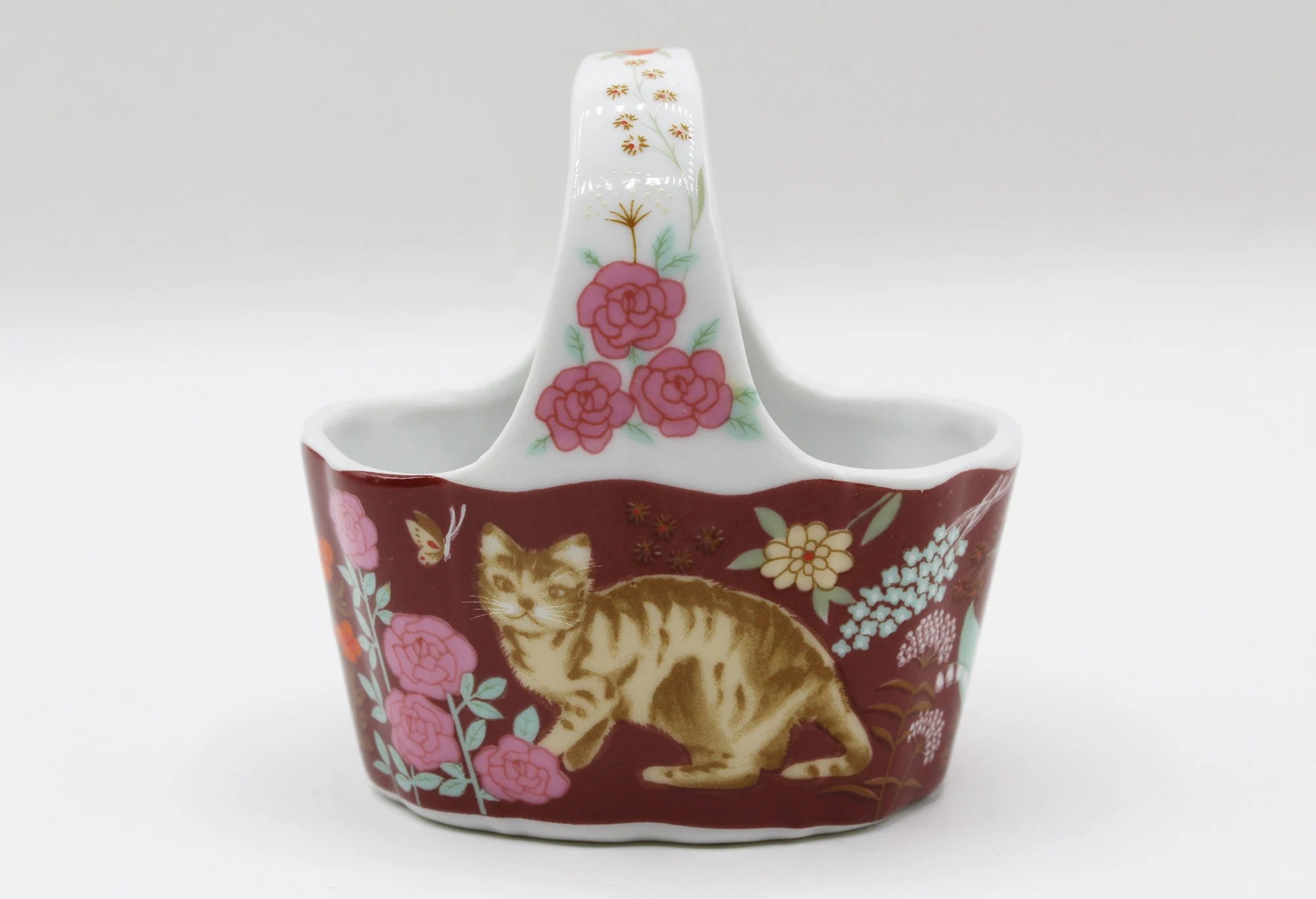 Vintage Action Made in Japan Porcelain Cat and Floral Design Trinket Basket Dish - Vintage, Granny, Animal, Cat Lovers, Cottage, Farmhouse